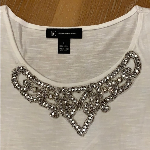 I N C white top with rhinestone neckline - Picture 2 of 2
